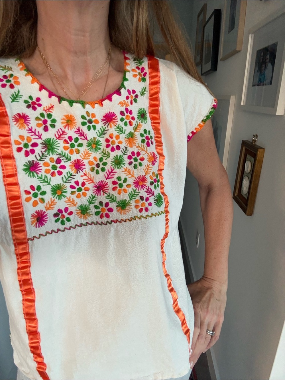 Mexican Huipil Hand Embroidered Floral Blouse Boho Artisan Folk Art